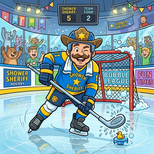 Playful Shower Sheriff: Hockey Fun in a Cartoon Style