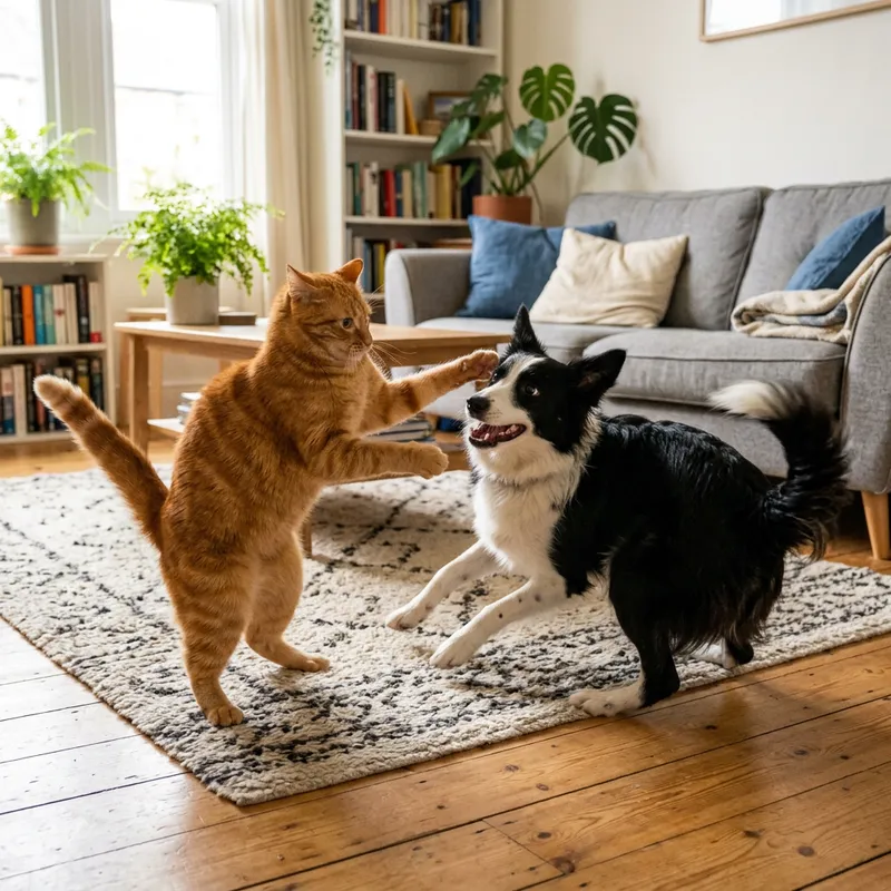Playful Cat and Dog Fight in a Cozy Living Room
