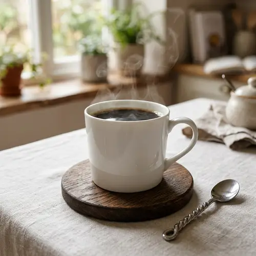 Stunning White Porcelain Coffee Mug on Dark Oak Coaster