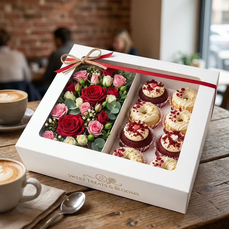 White Box with Red Velvet & White Chocolate Mini Donuts and Roses