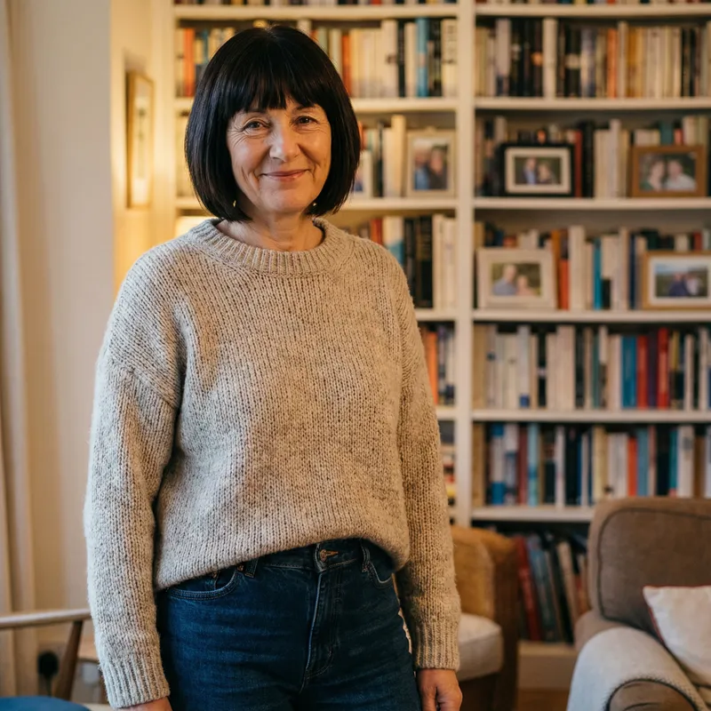 Middle-Aged Woman with Dark Chin-Length Bob Cut and Bangs Middle-Aged Woman with Dark Chin-Length Bob Cut and Bangs