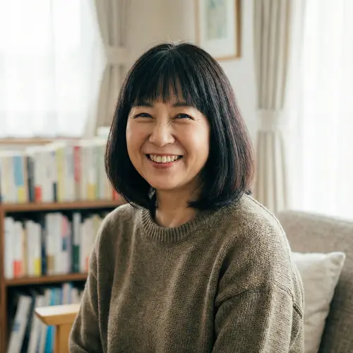 Middle-Aged Asian Woman with Wide Features and Long Bob Haircut