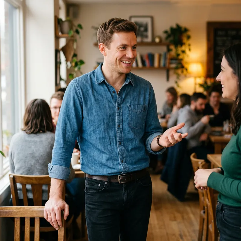 Confident and Kind Mid-Thirties Man Engaging in Conversation