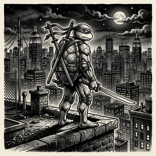 Ninja Turtle Rooftop Tattoo Art | Monochromatic City View