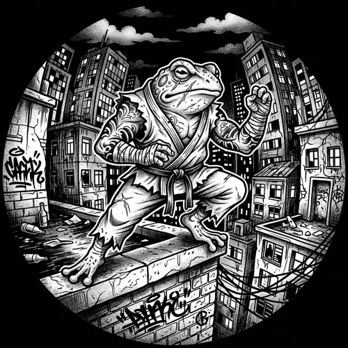 Monochrome Martial Arts Amphibian on Metropolis Rooftop at Night