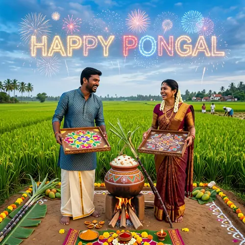 Joyous Pongal Celebration with Kolam Rice Decoration