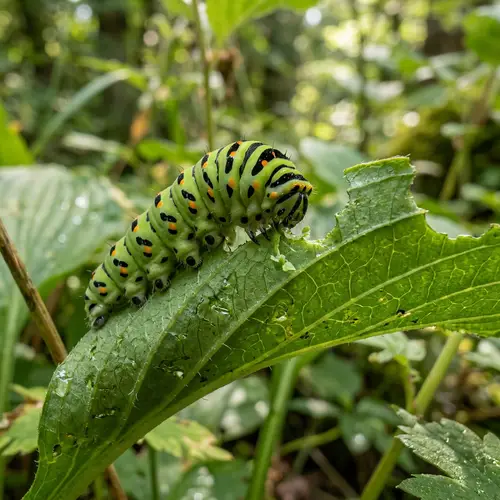 Larva Feeding on Green Leaf in Nature