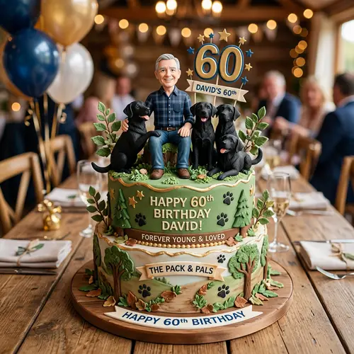 60th Birthday Cake with Man and 4 Black Labradors