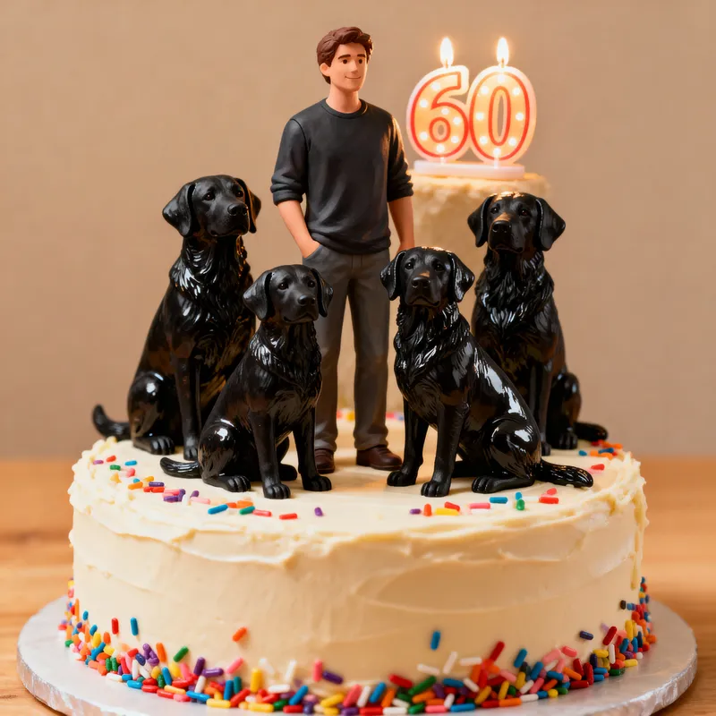 60th Birthday Cake with Man and 4 Black Labradors
