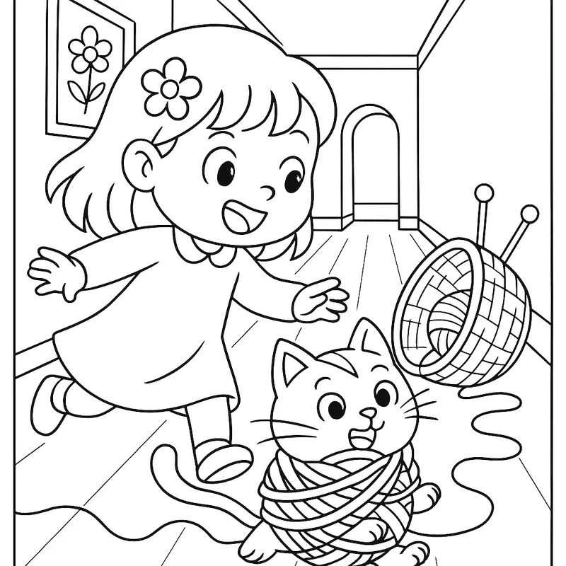 Cute Coloring Page: Girl Chasing Cat in Yarn