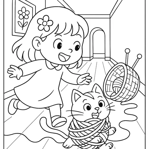 Cute Coloring Page: Girl Chasing Cat in Yarn