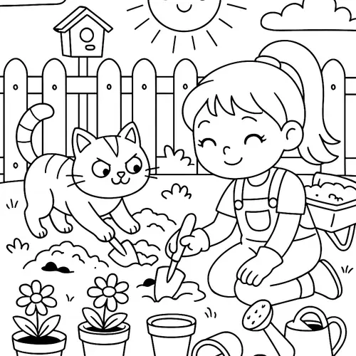 Cute Cat Helping Girl Garden - Coloring Page