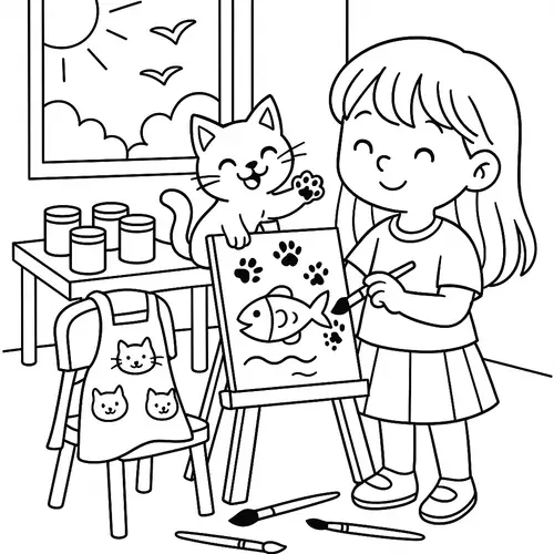 Cute Girl and Cat Coloring Page for Kids