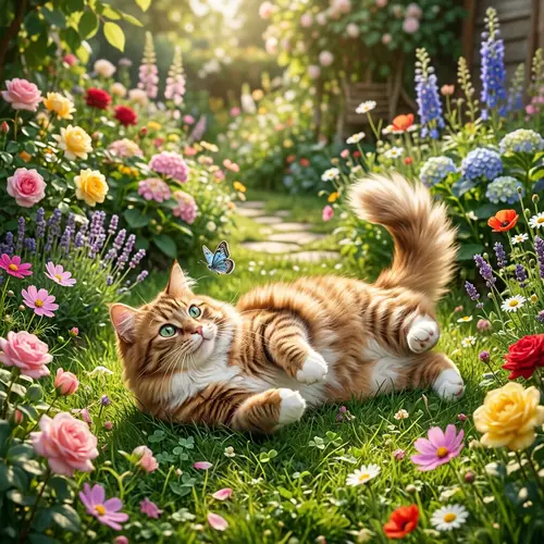 Joyful Tabby Cat in South Asian Garden | Content Cat with Green Eyes