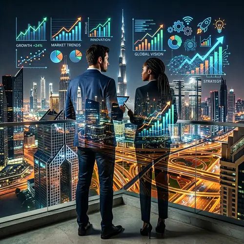 Confident Business Couple in Vibrant Cityscape with Innovative Technology Overlay
