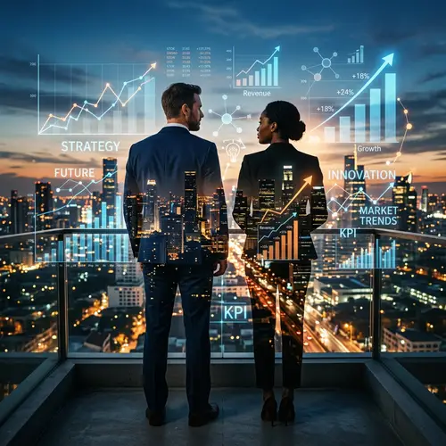 Double Exposure Image: Business Attire Couple & Cityscape