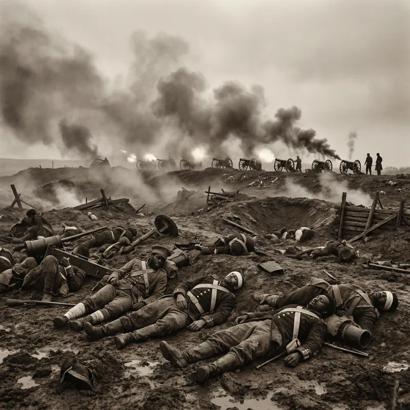 Chaotic Crimean War Battlefield - Fallen Soldiers, Cannon Blasts, Smoke - Historical Scene Chaotic Crimean War Battlefield - Fallen Soldiers, Cannon Blasts, Smoke - Historical Scene