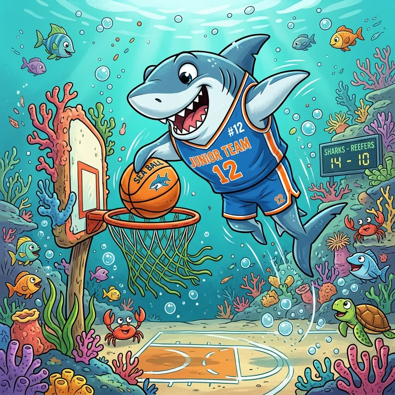 Playful Shark in Junior Team Jersey Slam Dunking Basketball Underwater