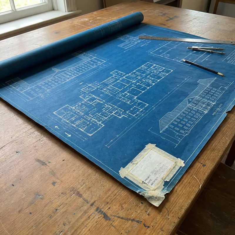 Detailed Blueprint Tape Design on Blue Background