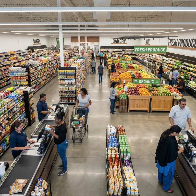 Diverse Grocery Store Layout with Shoppers of Various Backgrounds