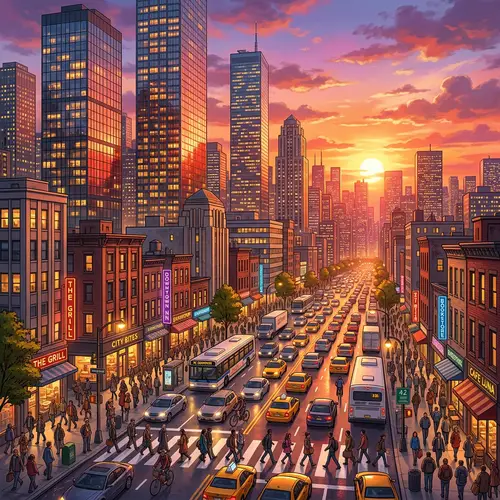 Vibrant Cityscape at Sunset: Towering Skyscrapers, Diverse Buildings