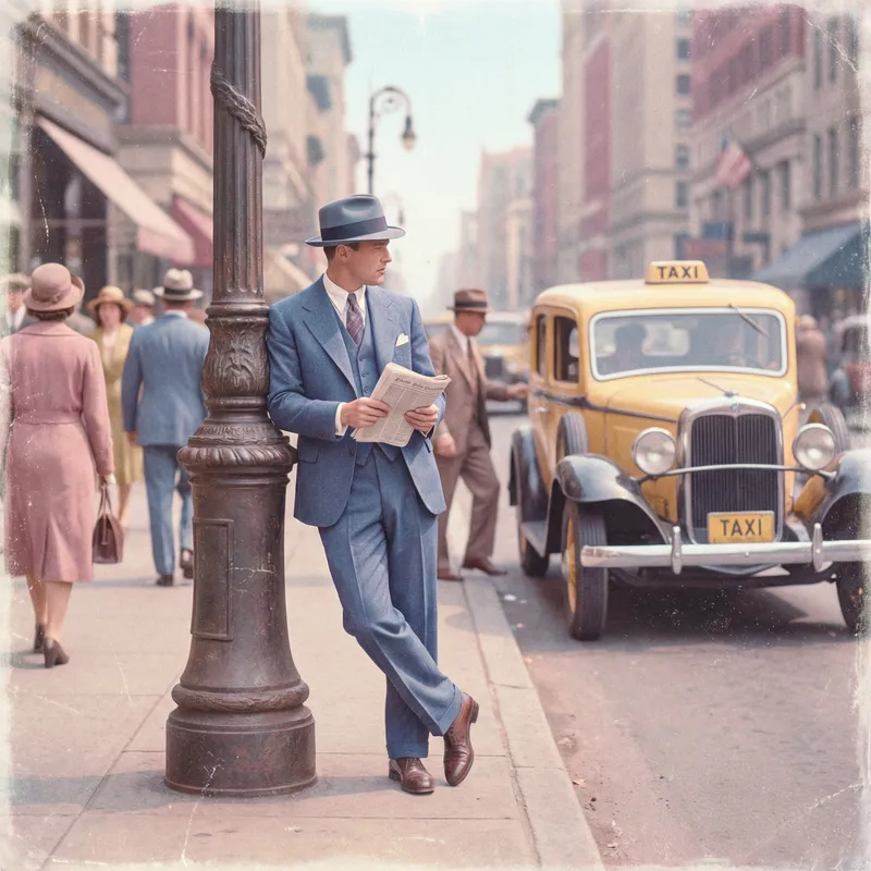 Sophisticated Gentleman in Blue Suit | Vintage City Scene 1930s