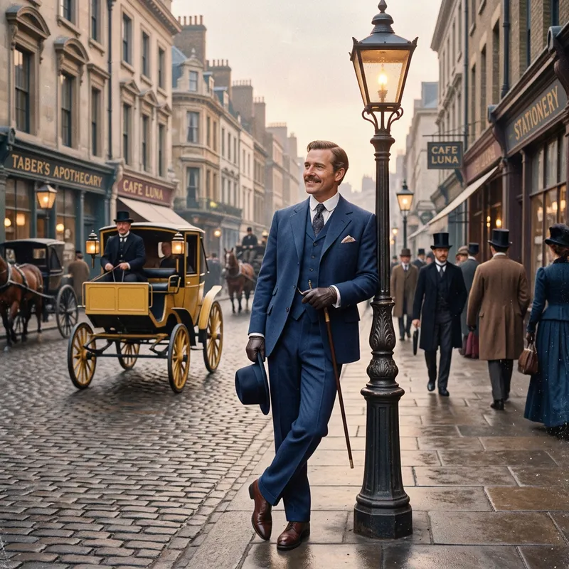 Nostalgic Gentleman in Elegant Blue Suit on Metropolitan Street