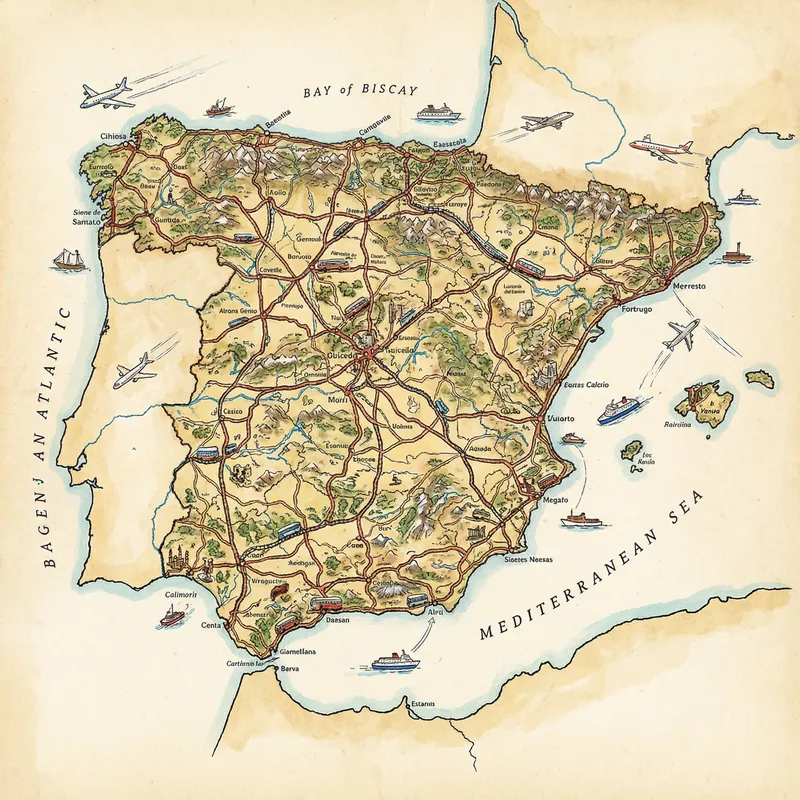 Detailed Map of Spain with Roads, Trains, Buses, Airplanes & Boats