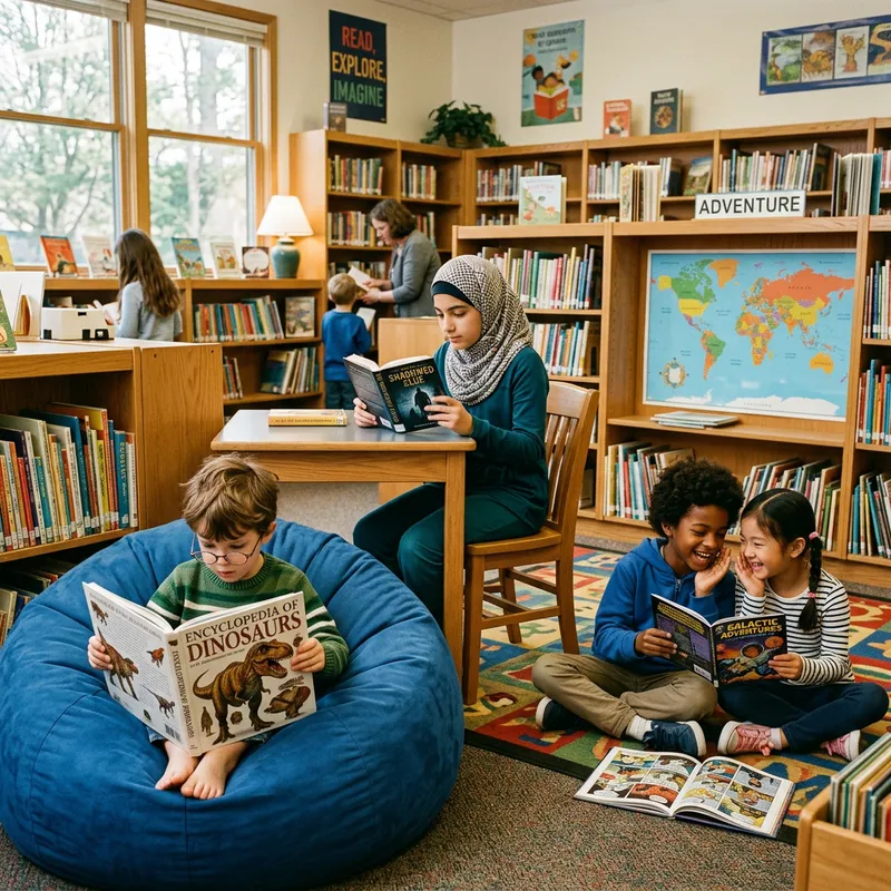 Scenic Library: Kids of Various Cultures Engrossed in Books