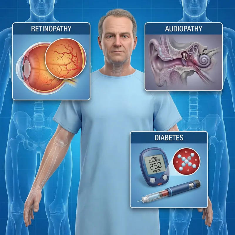 3D Medical Illustration of Patient with Retinopathy, Audiopathy & Diabetes