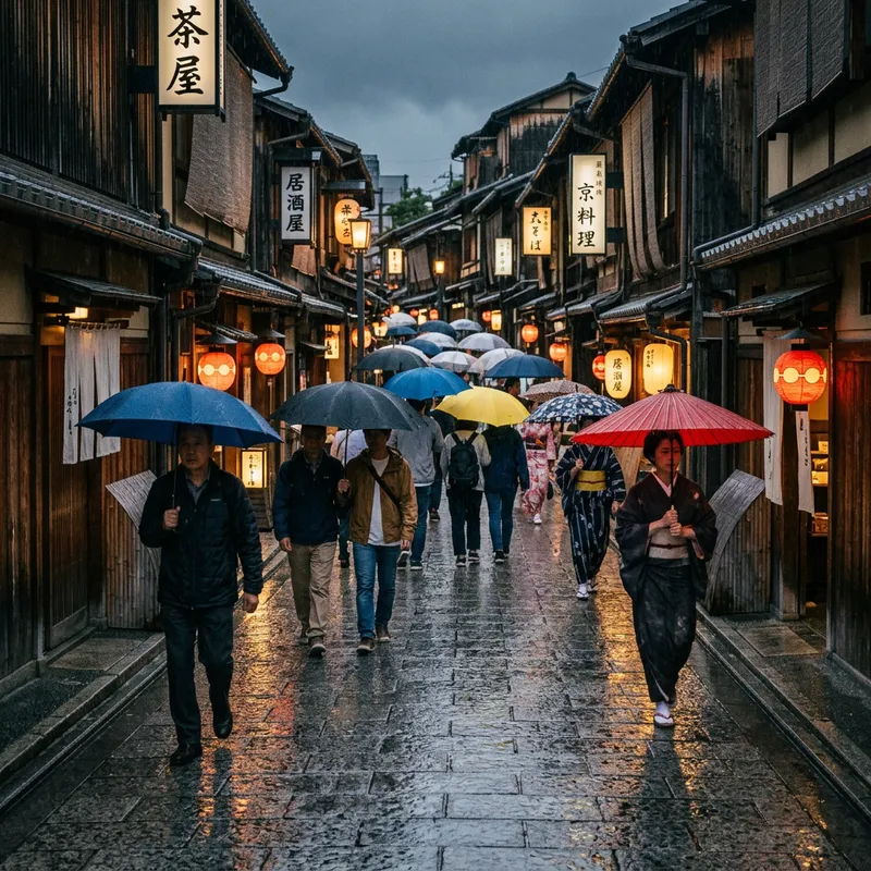 Walking Under Rain: Traditional Japanese Streets