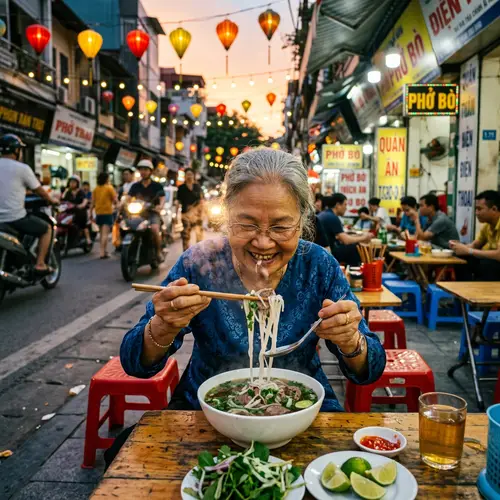 Elderly Vietnamese Woman Enjoys Pho Delightfully
