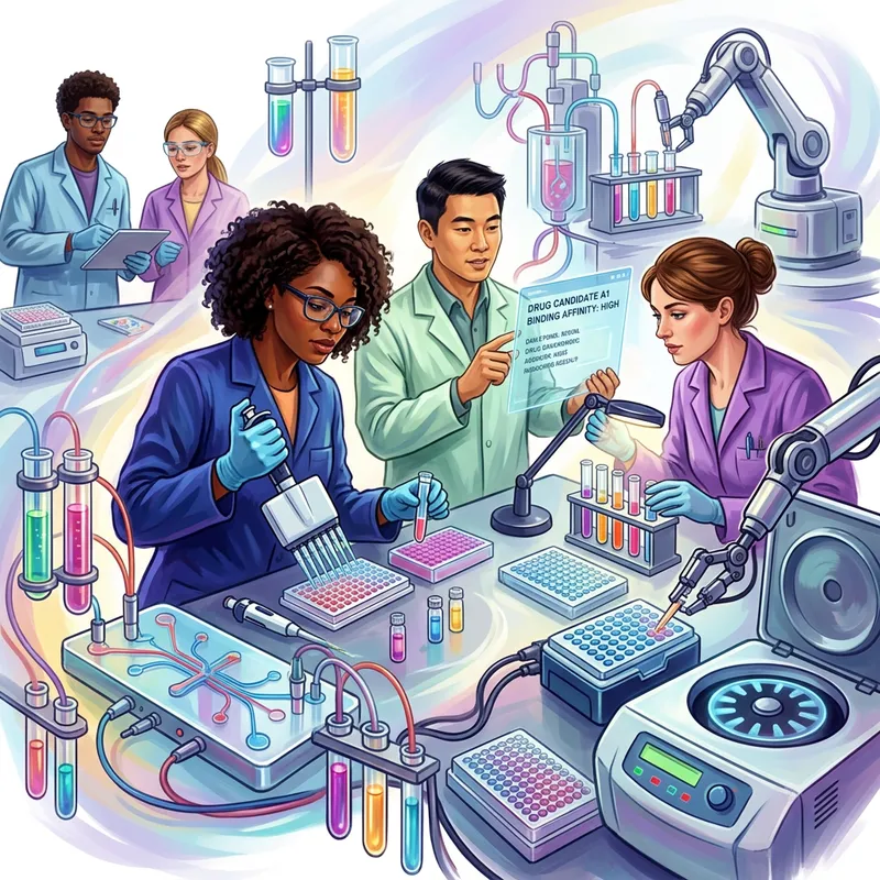 Futuristic Drug Discovery Workflow with Diverse Scientists in Vibrant Laboratory Futuristic Drug Discovery Workflow with Diverse Scientists in Vibrant Laboratory