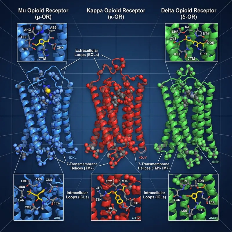 3D Kappa, Mu & Delta Receptors Structure Visualization 3D Kappa, Mu & Delta Receptors Structure Visualization
