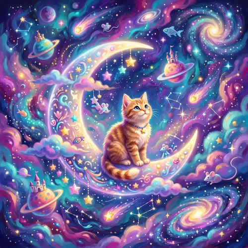 Whimsical Surrealistic Cat on Moon Painting
