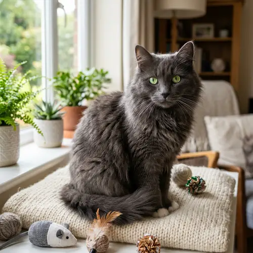 Fluffy Domesticated Cat with Bright Green Eyes