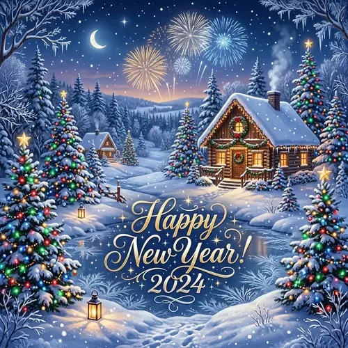 Festive New Year GIF with Snowy Landscape & Cheerful Calligraphy