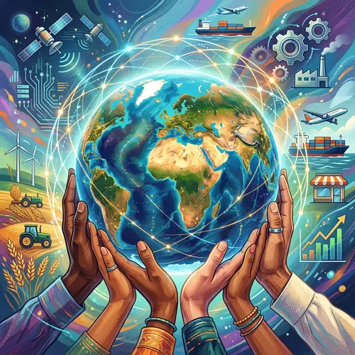 Globalization Illustration with Diverse Hands and Industry Symbols
