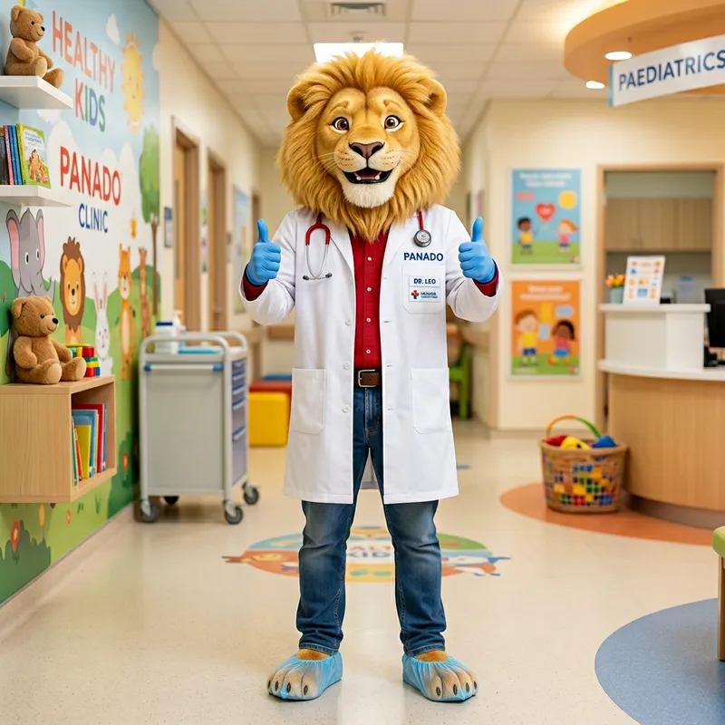 Cute Lion Doctor Illustration with Panado Badge Cute Lion Doctor Illustration with Panado Badge
