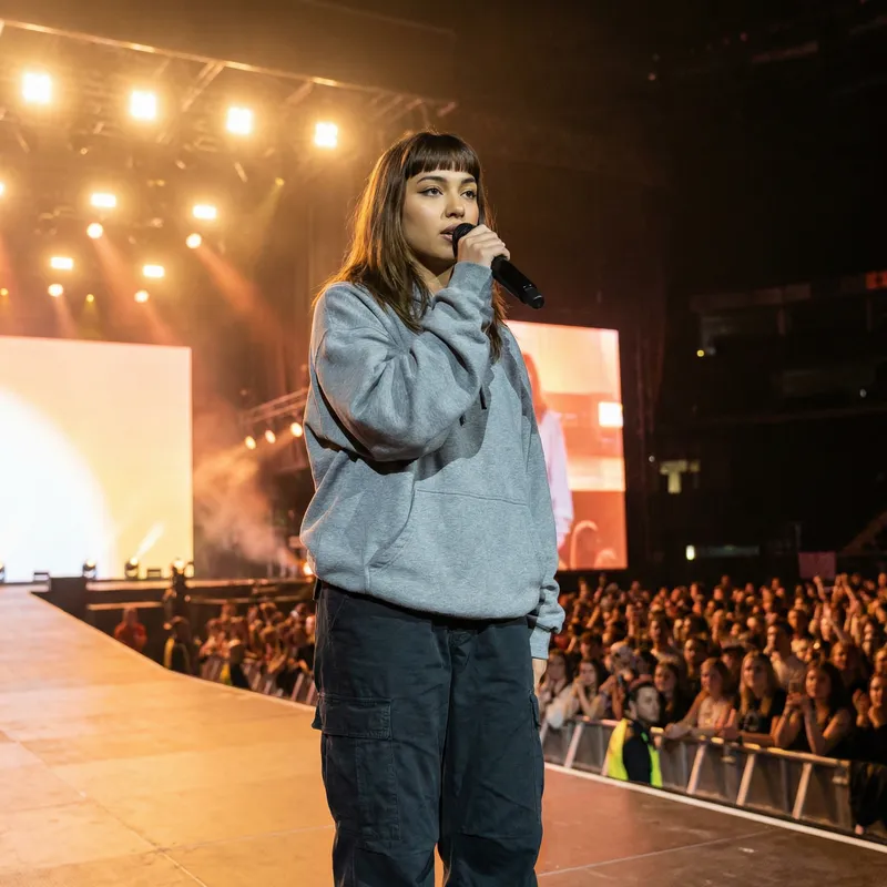 Young Woman Singing on Stage in Olive Skin, Brown Hair and Bangs, Almond Eyes