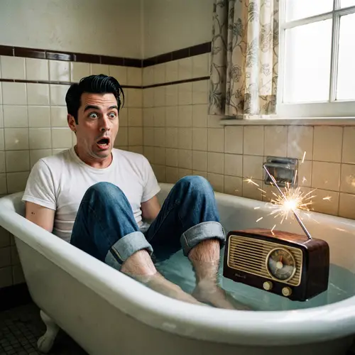 Vintage Greaser Style Man 'Electrocuted' in Bathtub