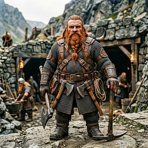 Dwarf in Chainmail Armor with Hand Axes and Pickaxe