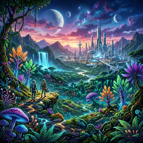 Futuristic Alien Landscape with Lush Vegetation