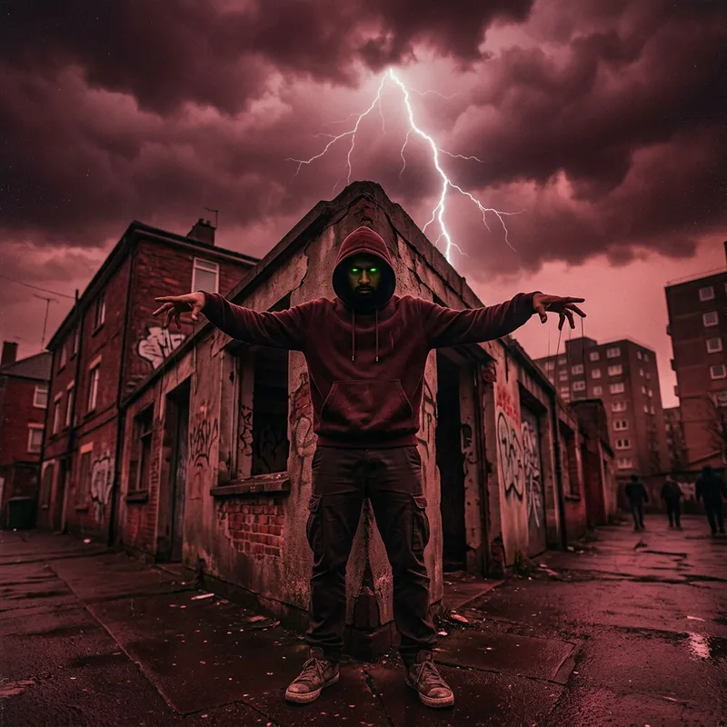 Dark Hooded Figure Controlling Shadowy Scene With Eerie Glow