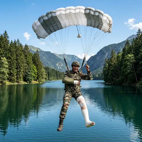 Injured Military Man Parachutes into Lake - Dramatic Scene