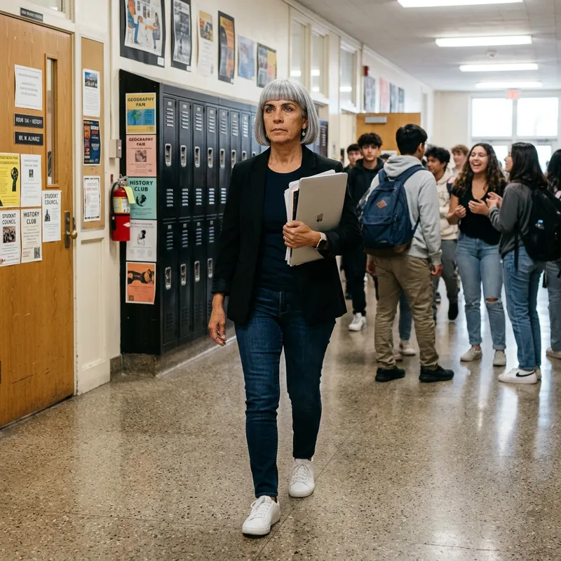 Stylish History & Geography Teacher in School Corridor with Laptop