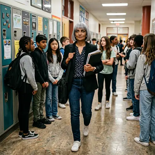 Experienced South Asian History Teacher in Middle School Corridor