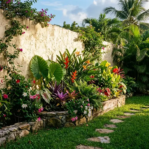 Tropical Garden Planter with Exotic Plants and Colorful Flowers