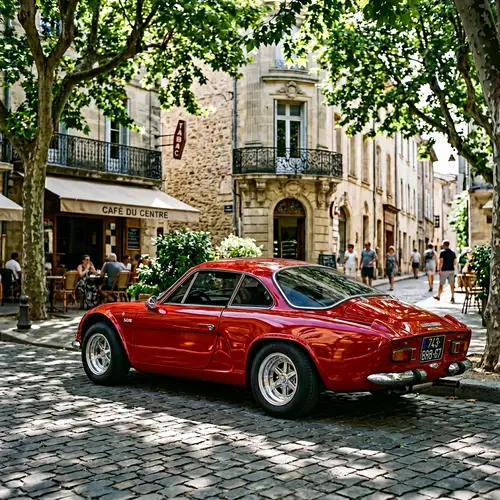 Red Glossy Two-Door Sportscar Parked Under Tree-Lined Street