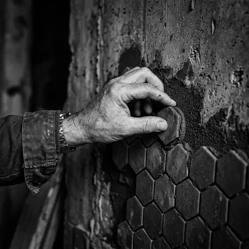 Caucasian Man Placing Tiles with Precision | Industrial Aesthetic